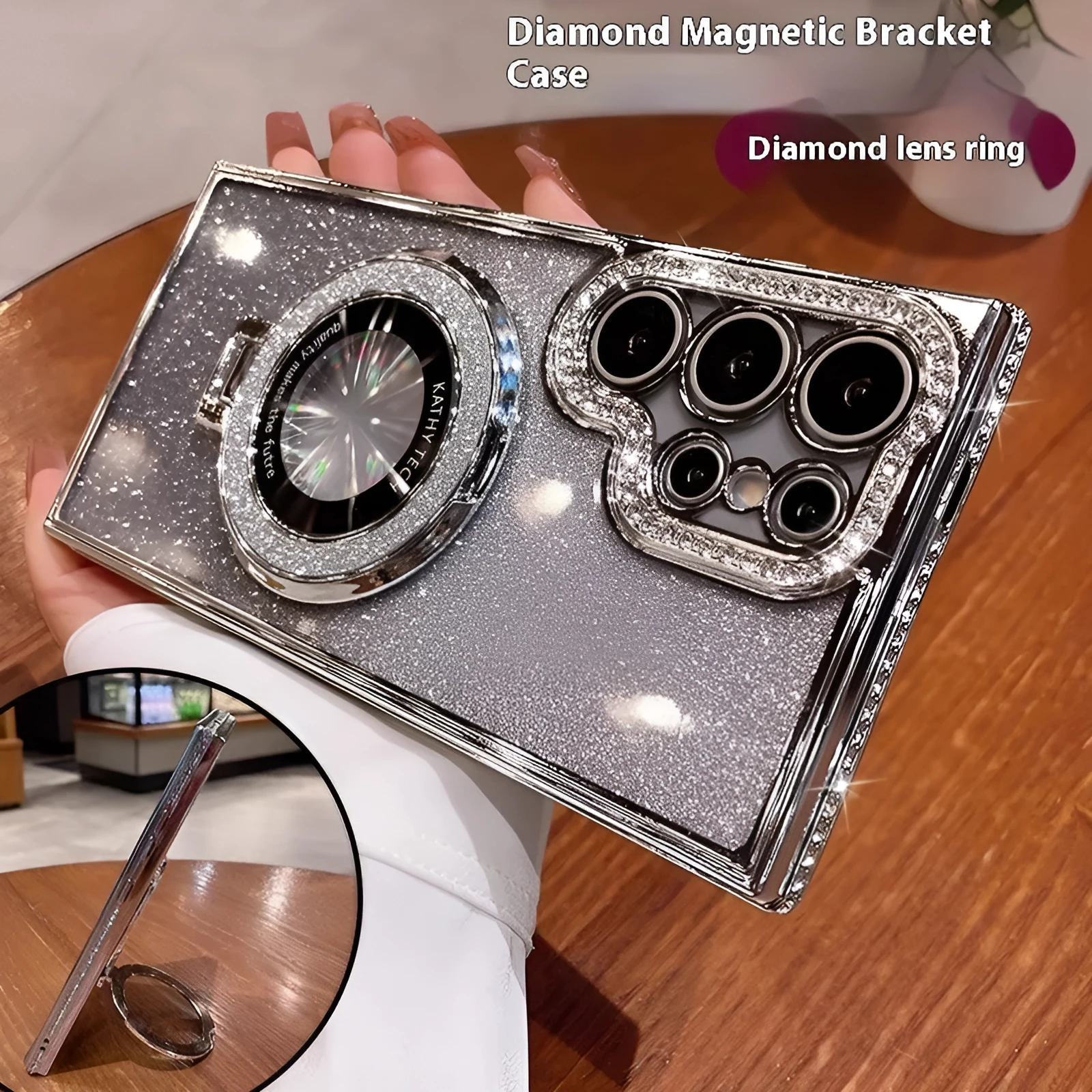 Black glitter magnetic bracket phone case for Samsung with lens cover on a flat surface