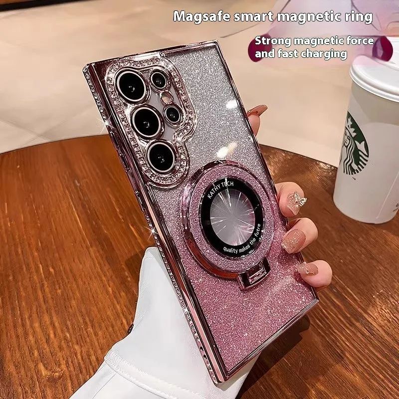 Black glitter magnetic bracket phone case for Samsung with lens cover on a flat surface