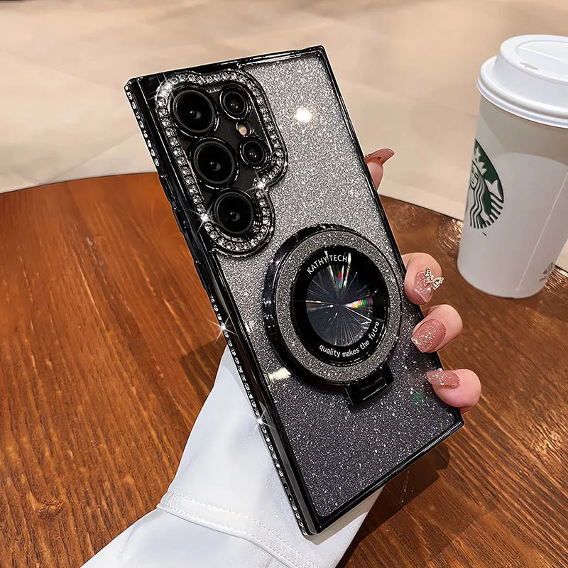 Black glitter magnetic bracket phone case for Samsung with lens cover on a flat surface