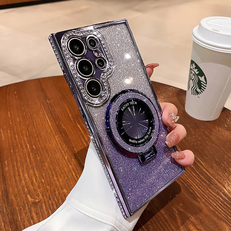Black glitter magnetic bracket phone case for Samsung with lens cover on a flat surface
