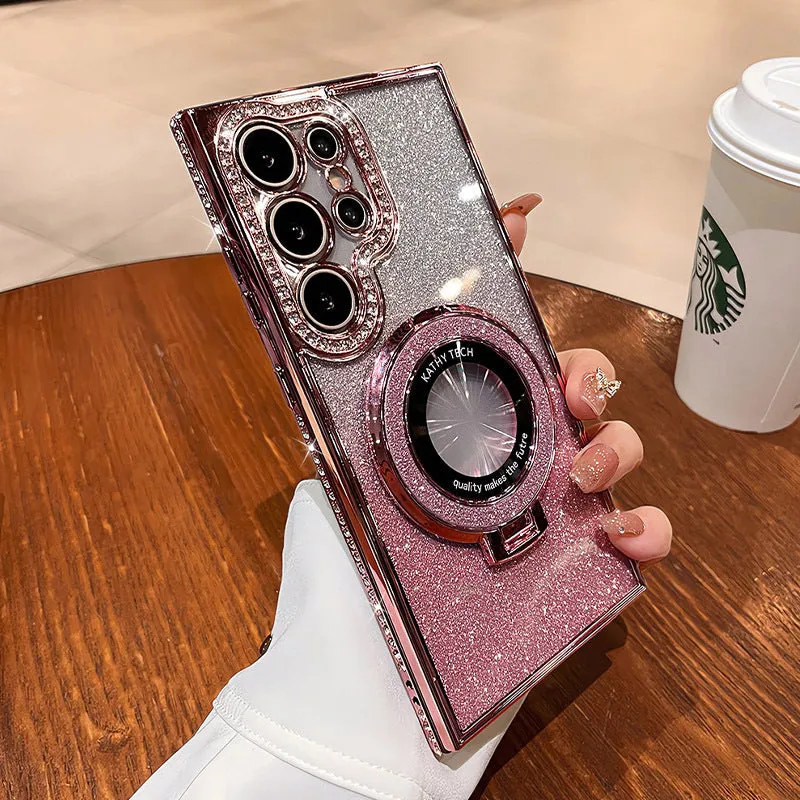 Black glitter magnetic bracket phone case for Samsung with lens cover on a flat surface