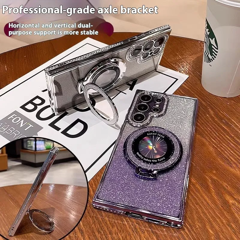 Black glitter magnetic bracket phone case for Samsung with lens cover on a flat surface