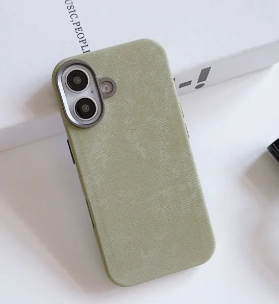 Flannel magnetic phone case in bean green for iPhone with fibre cloth texture and magnetic suction
