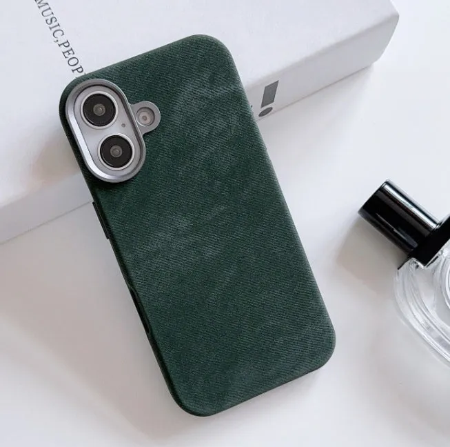 Flannel magnetic phone case in bean green for iPhone with fibre cloth texture and magnetic suction