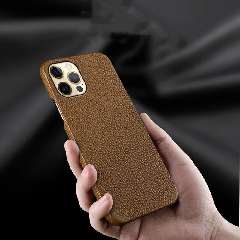 Genuine brown cowhide leather shatterproof case for iPhone with a half line break design.