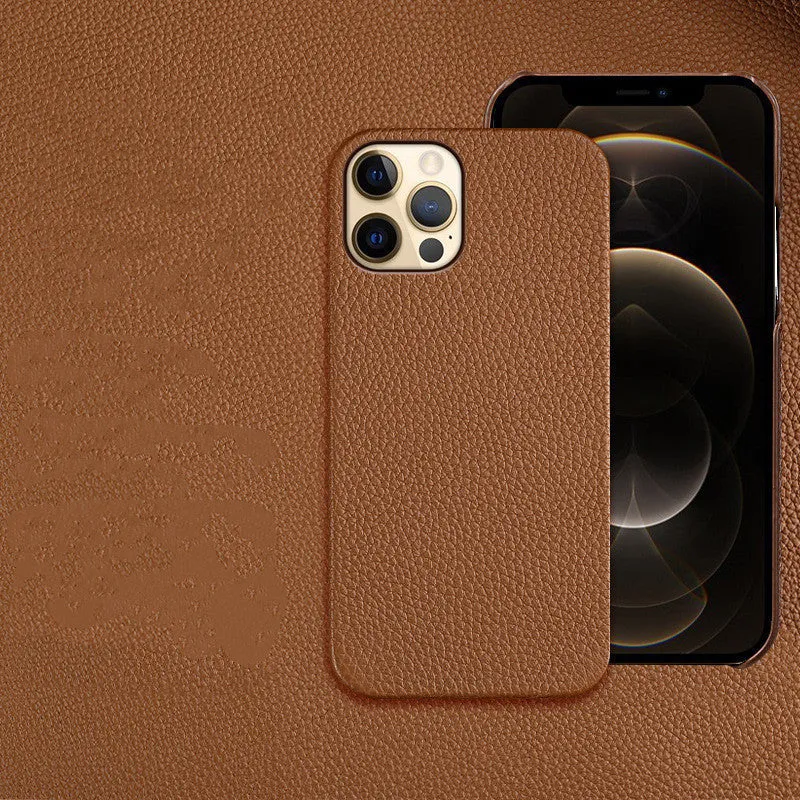Genuine brown cowhide leather shatterproof case for iPhone with a half line break design.