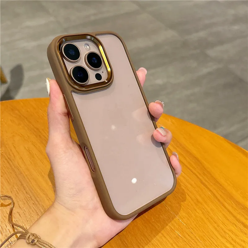 Transparent PC phone case for iPhone 16 Pro with metal eagle eye bracket ring in desert gold
