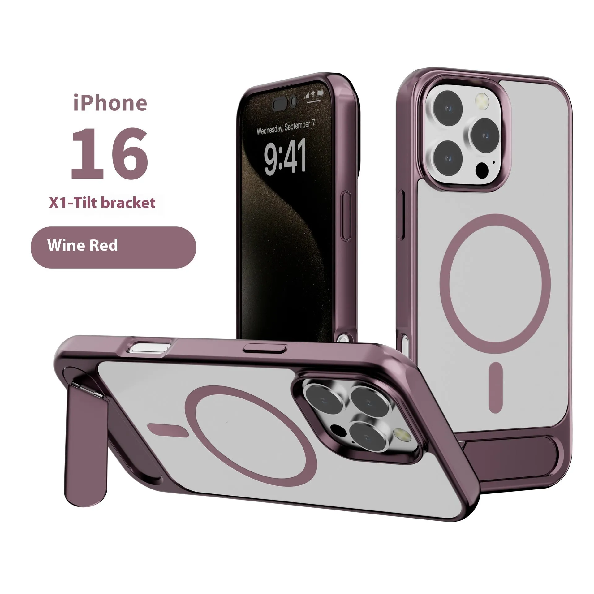 Metallic paint skin-sensitive magnetic bracket phone case for iPhone, wine red colour, TPU PC metal build