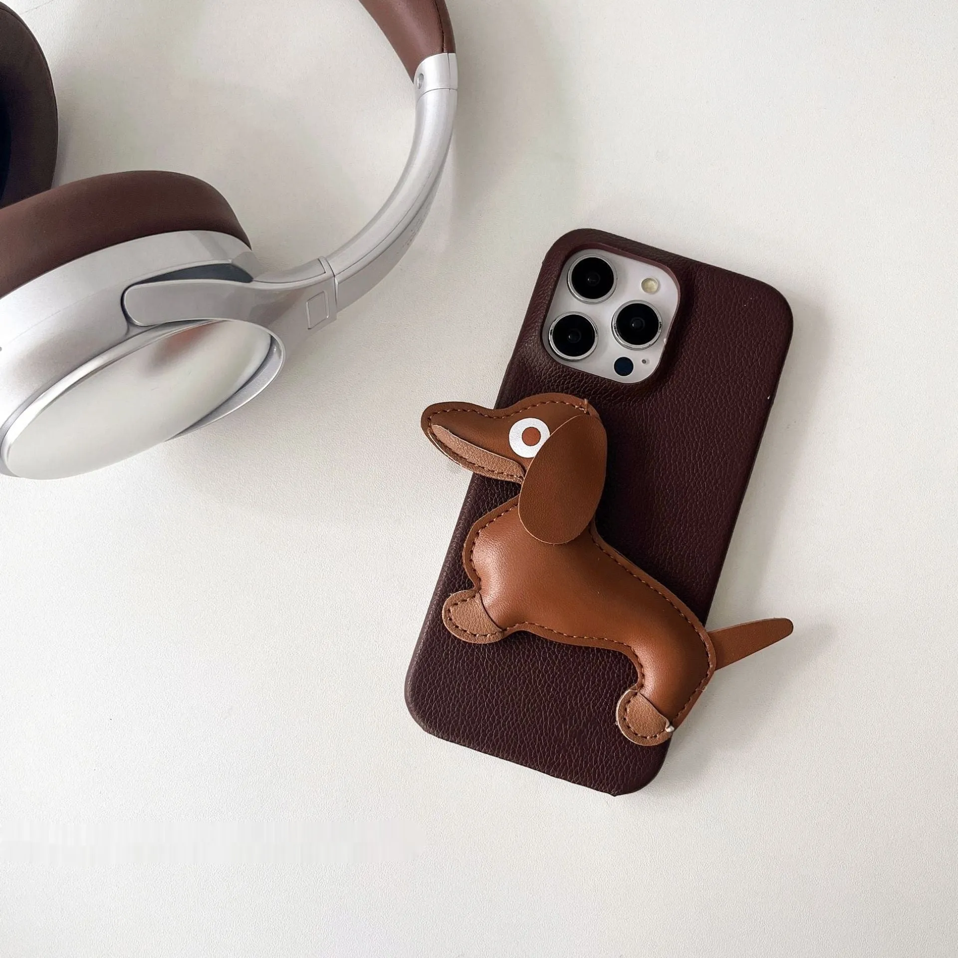 Creative three-dimensional leather sausage dog phone case for Apple iPhone in yellow anti-fall design