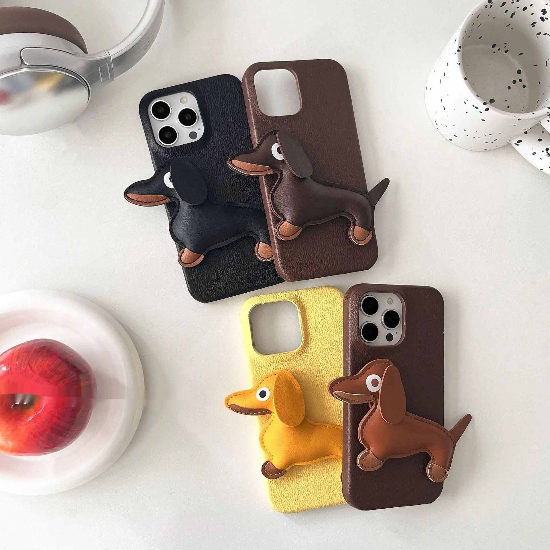 Creative three-dimensional leather sausage dog phone case for Apple iPhone in yellow anti-fall design