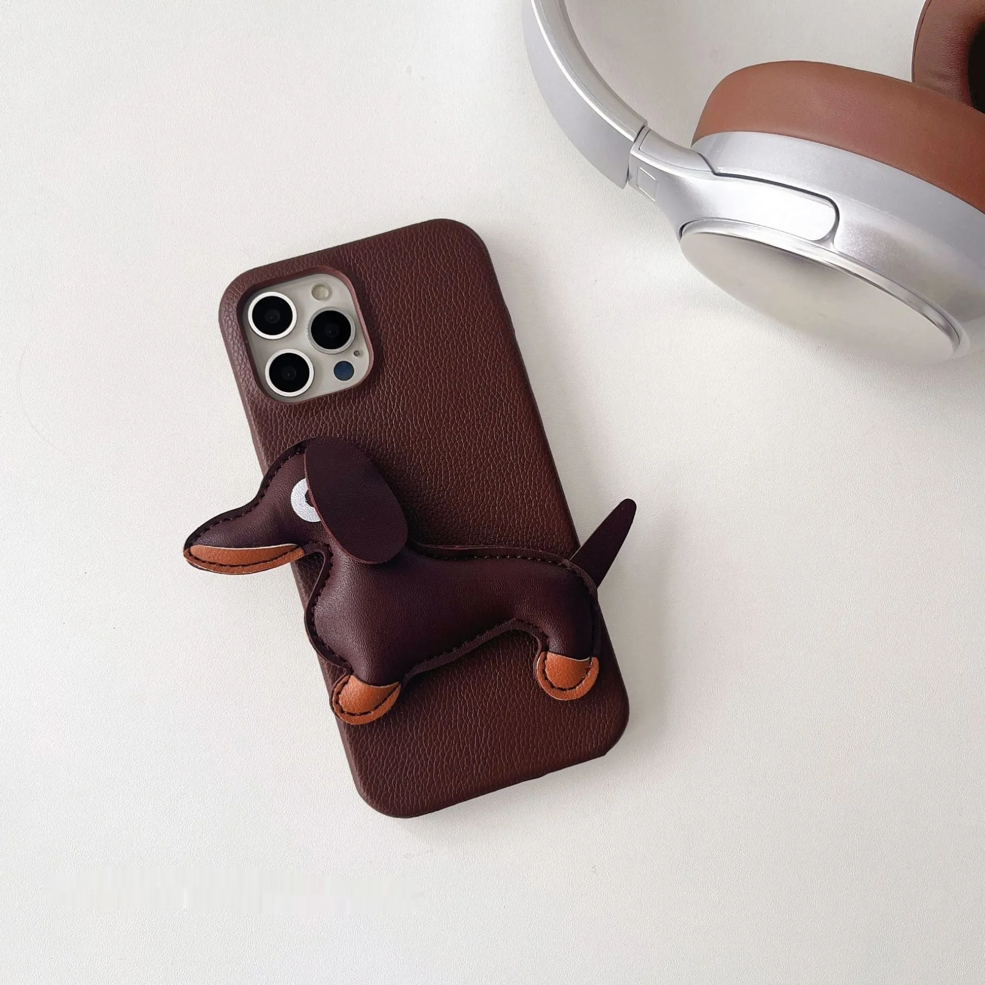 Creative three-dimensional leather sausage dog phone case for Apple iPhone in yellow anti-fall design
