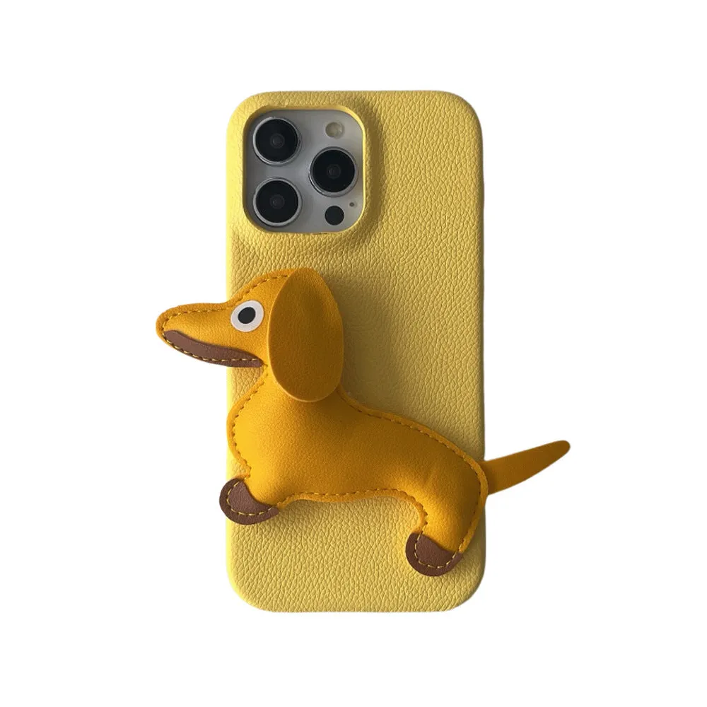 Creative three-dimensional leather sausage dog phone case for Apple iPhone in yellow anti-fall design