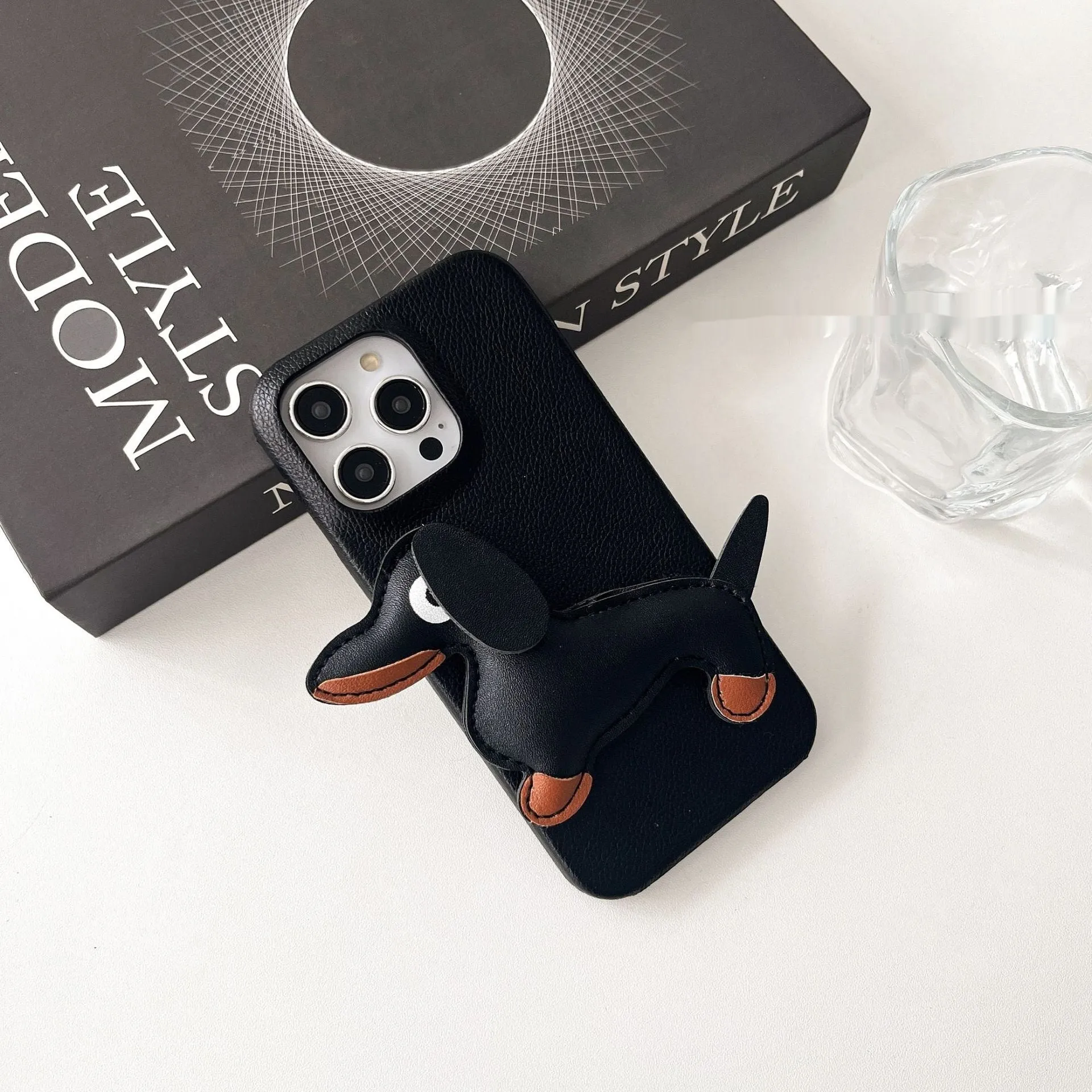 Creative three-dimensional leather sausage dog phone case for Apple iPhone in yellow anti-fall design
