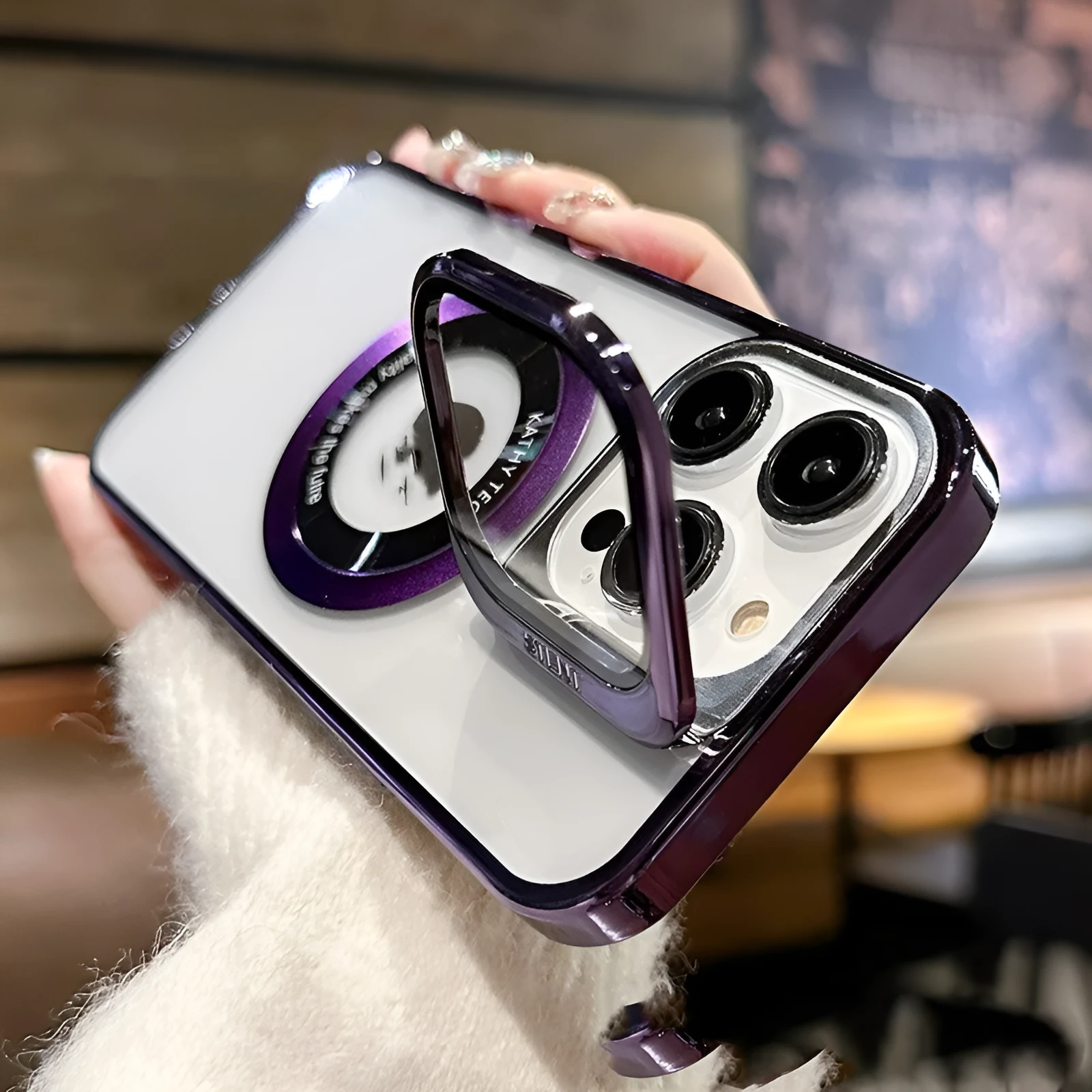 MagSafe-compatible hard PC iPhone case in dark purple colour with magnetic ring visible.