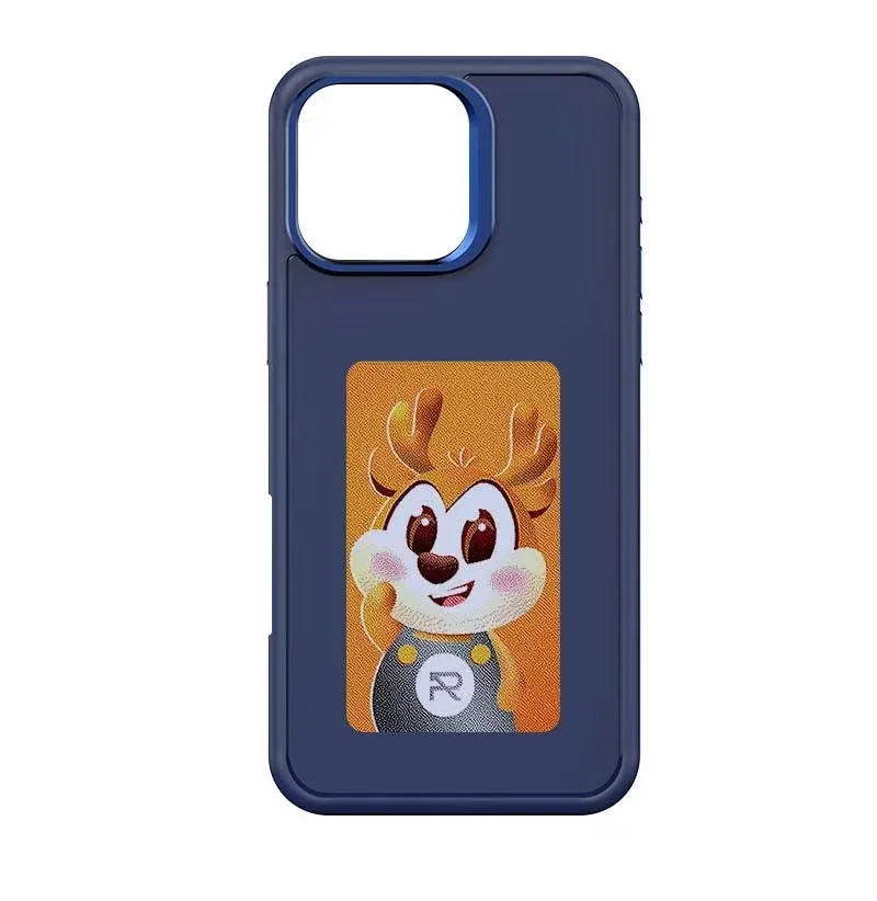 Silicone phone case with four-colour e-ink screen for iPhone 13-16 series, available in black
