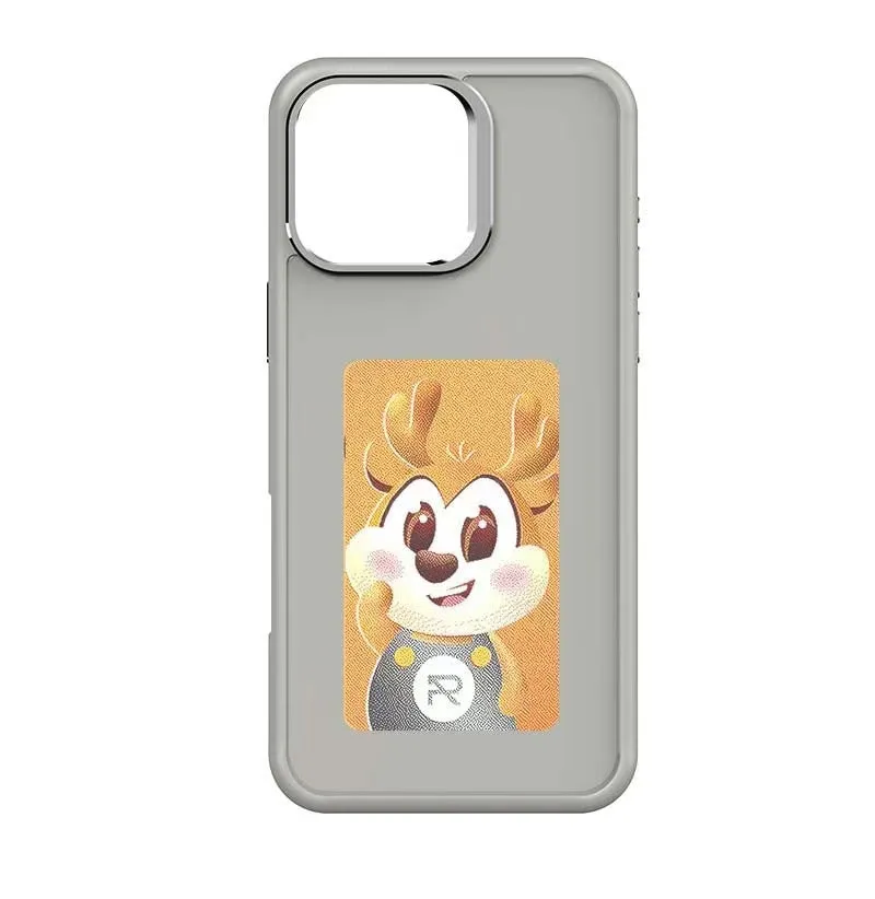 Silicone phone case with four-colour e-ink screen for iPhone 13-16 series, available in black