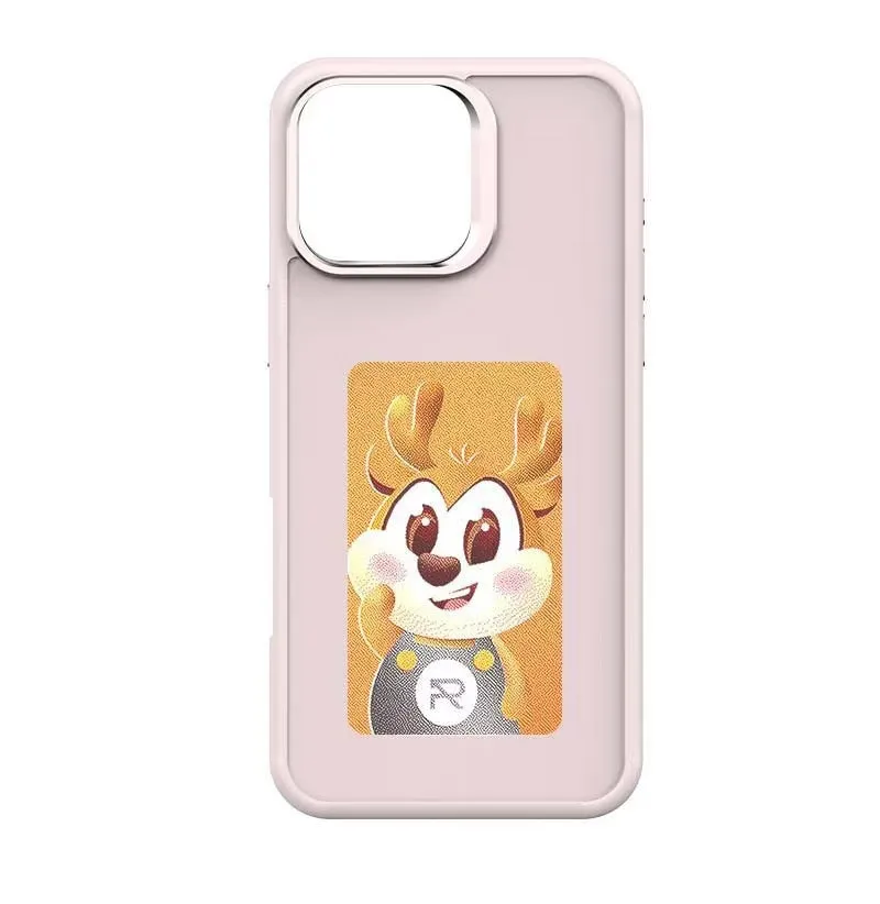 Silicone phone case with four-colour e-ink screen for iPhone 13-16 series, available in black