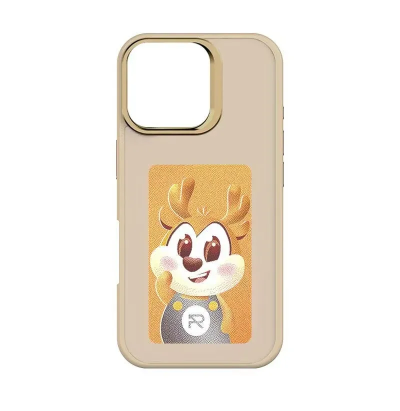Silicone phone case with four-colour e-ink screen for iPhone 13-16 series, available in black