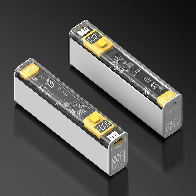 Transparent mech power bank in gray with industrial design, compact size 157.5x30x59mm