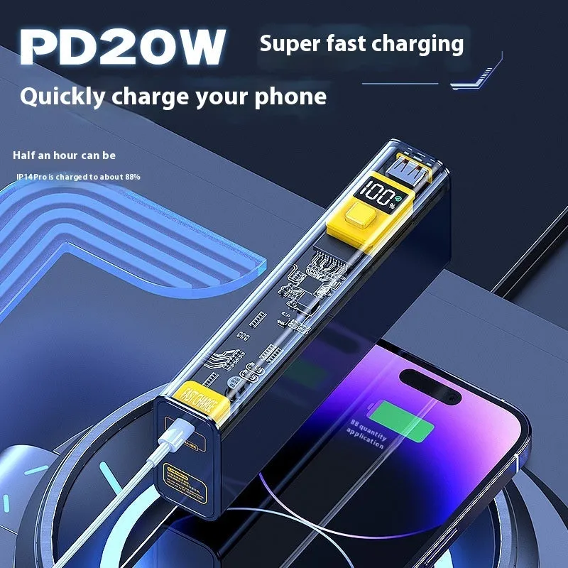 Transparent mech power bank in gray with industrial design, compact size 157.5x30x59mm