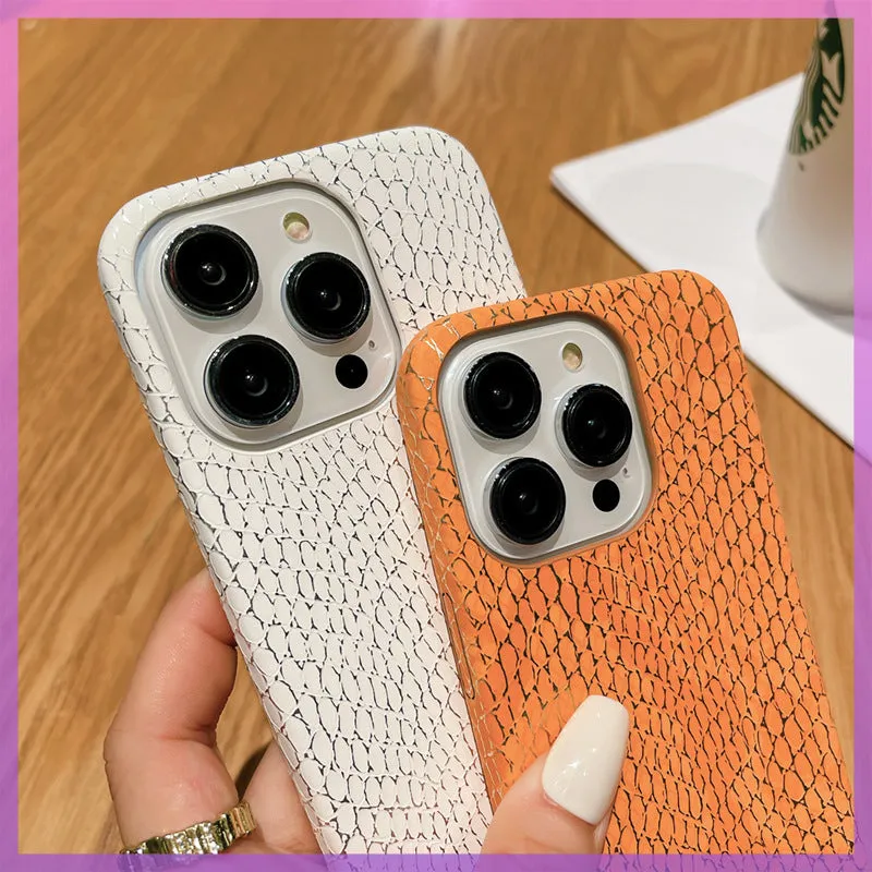 Gold silk snake pattern half pack anti-fall phone case for iPhone with plaid design, slim profile, orange colour