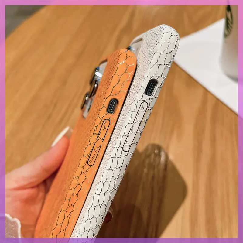 Gold silk snake pattern half pack anti-fall phone case for iPhone with plaid design, slim profile, orange colour