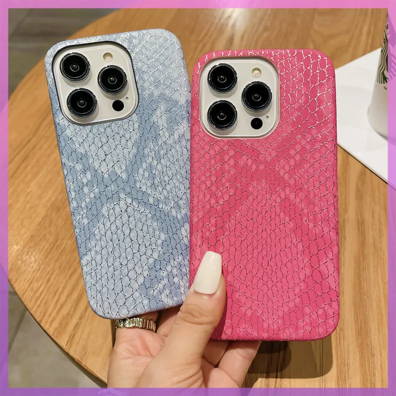 Gold silk snake pattern half pack anti-fall phone case for iPhone with plaid design, slim profile, orange colour