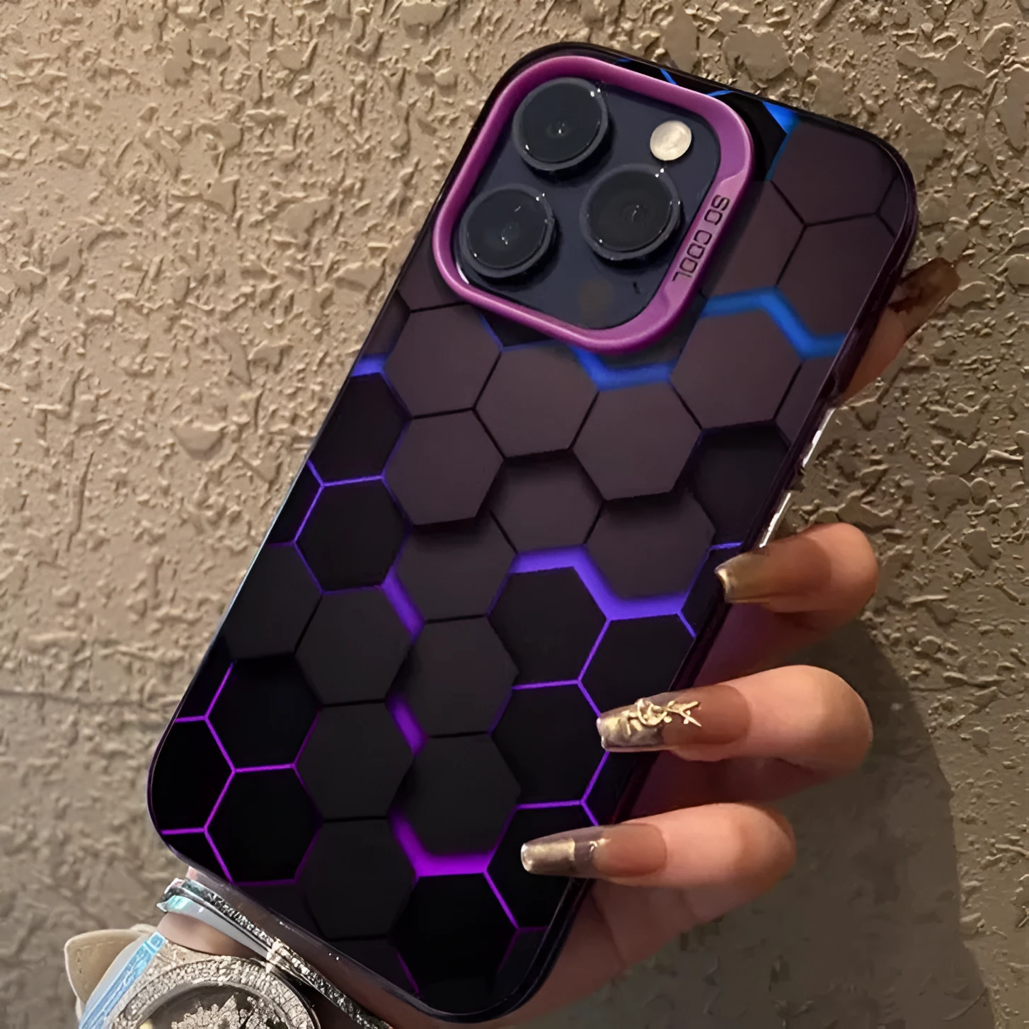 Frosted protective phone case for Apple iPhone with honeycomb square pattern in Moonlight Black.