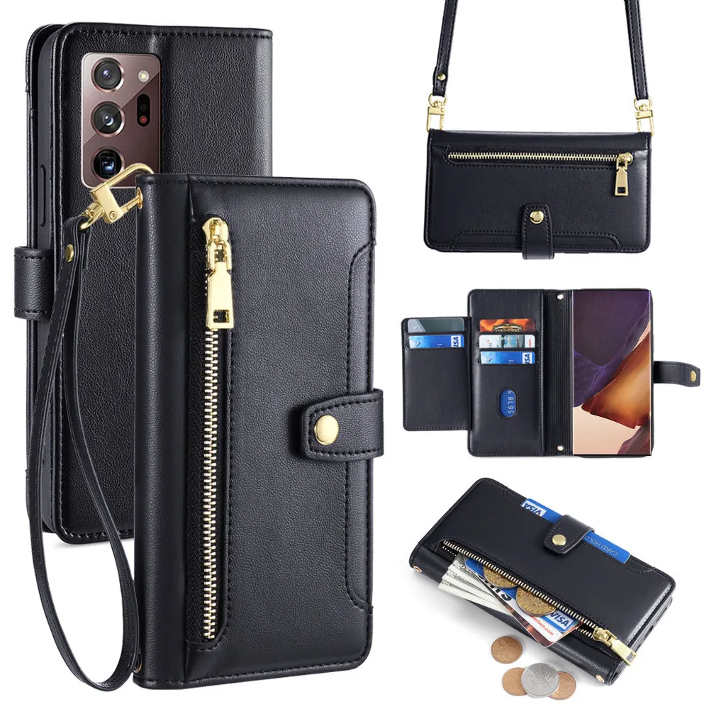 Black TPU leather flip phone case with card slot and magnetic closure for Samsung S24 Ultra