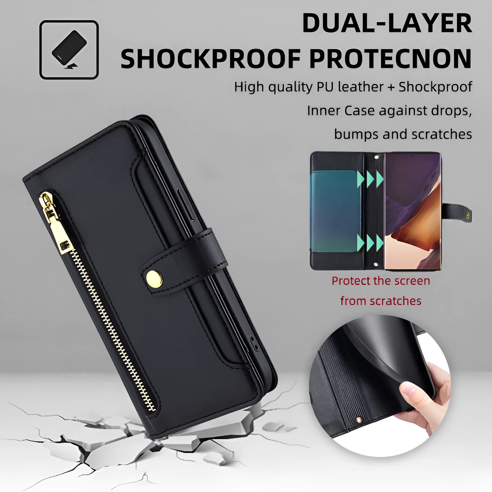 Black TPU leather flip phone case with card slot and magnetic closure for Samsung S24 Ultra