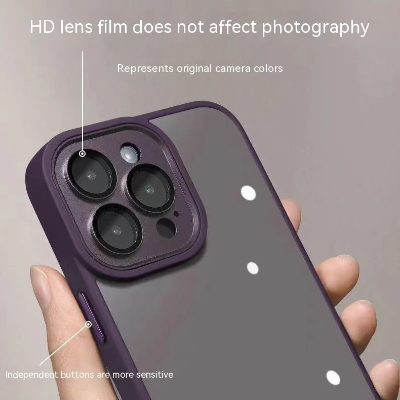 Transparent acrylic phone case with lens protector for iPhone, showing drop-resistant design and multiple colour options including navy blue and starlight white.
