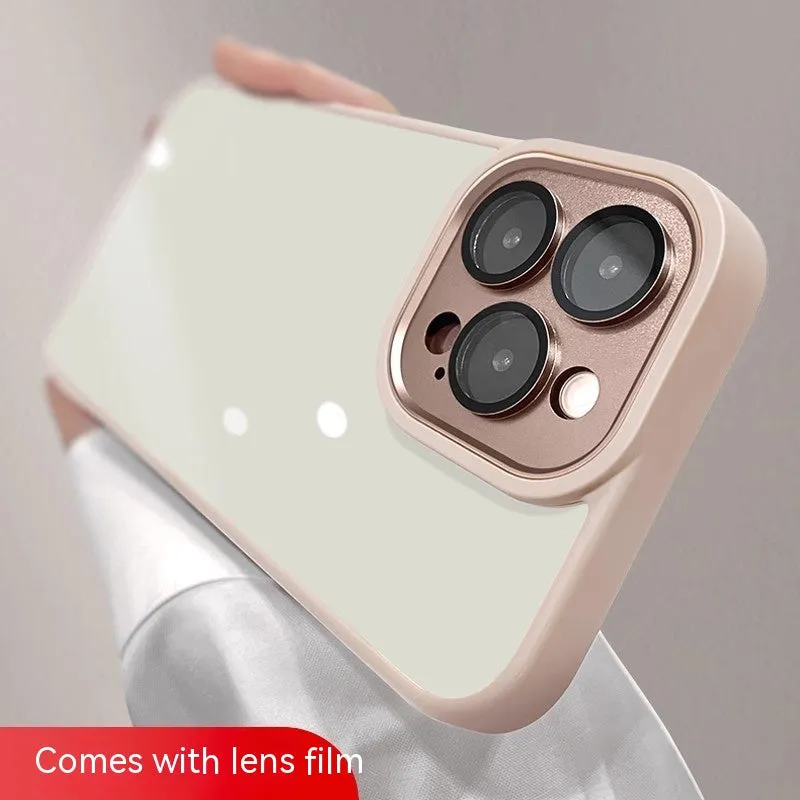 Transparent acrylic phone case with lens protector for iPhone, showing drop-resistant design and multiple colour options including navy blue and starlight white.