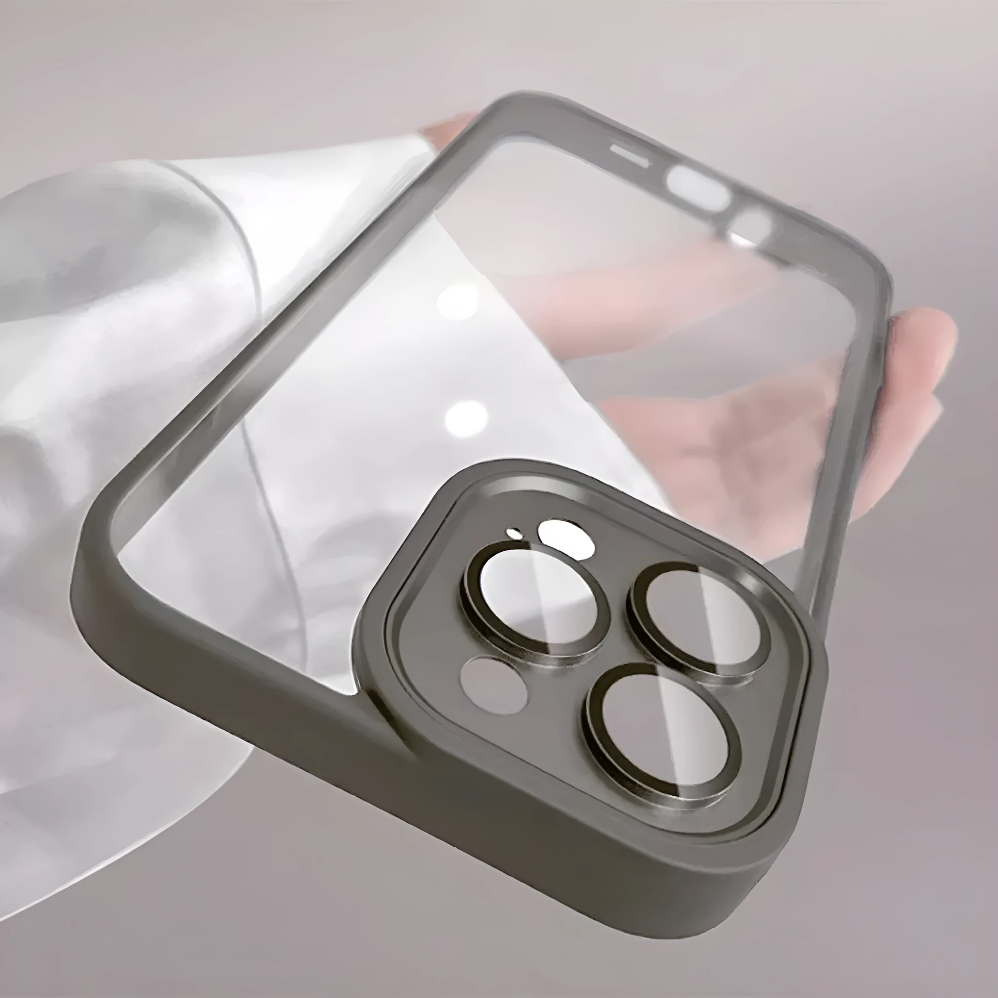 Transparent acrylic phone case with lens protector for iPhone, showing drop-resistant design and multiple colour options including navy blue and starlight white.