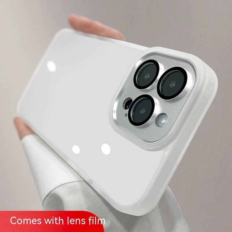 Transparent acrylic phone case with lens protector for iPhone, showing drop-resistant design and multiple colour options including navy blue and starlight white.