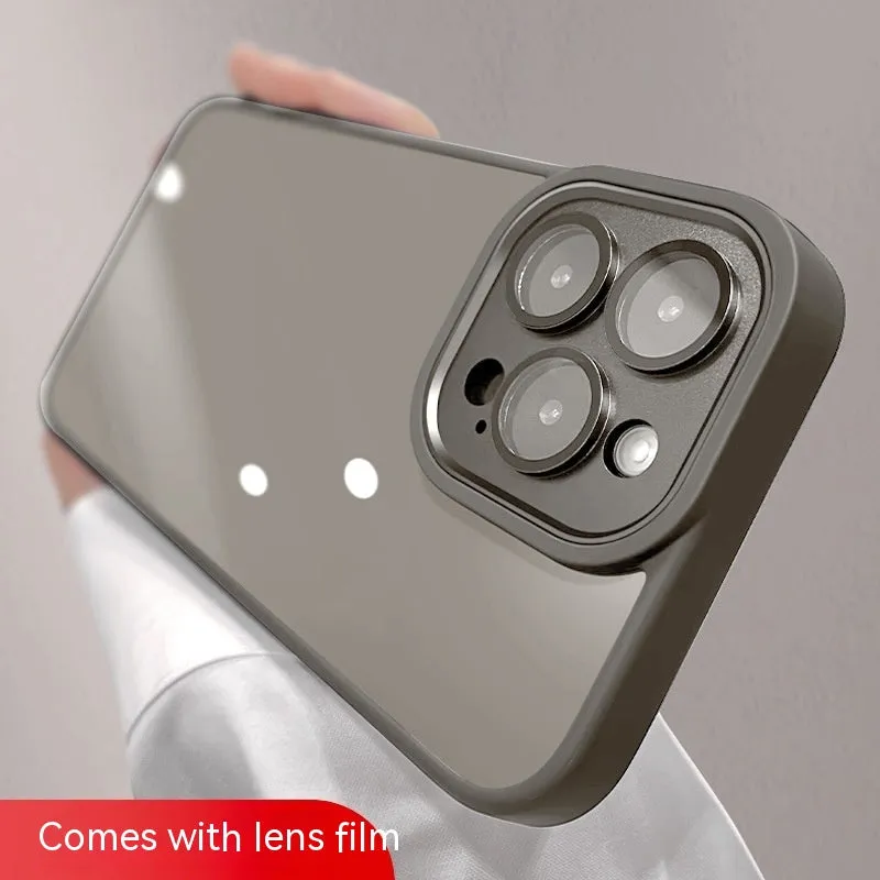 Transparent acrylic phone case with lens protector for iPhone, showing drop-resistant design and multiple colour options including navy blue and starlight white.