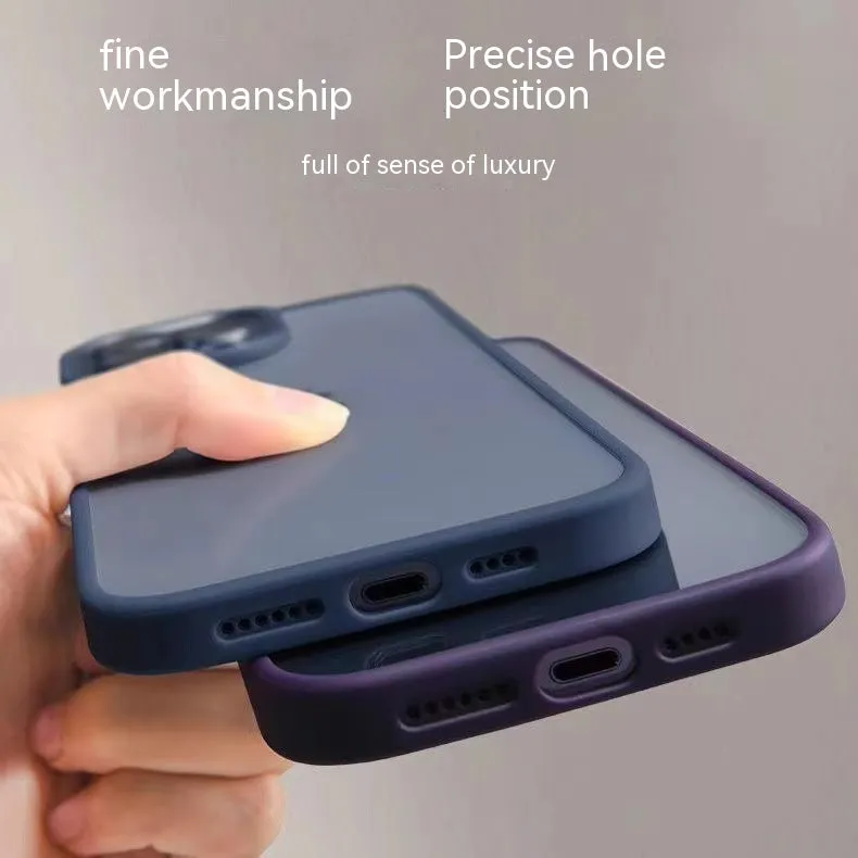 Transparent acrylic phone case with lens protector for iPhone, showing drop-resistant design and multiple colour options including navy blue and starlight white.