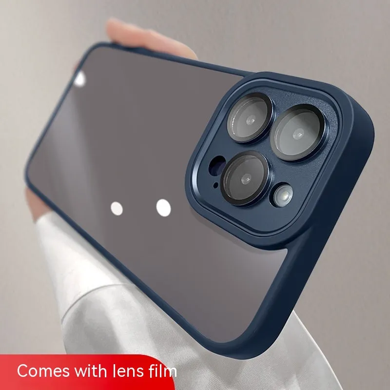 Transparent acrylic phone case with lens protector for iPhone, showing drop-resistant design and multiple colour options including navy blue and starlight white.