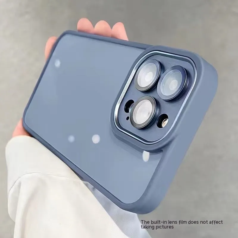 Transparent acrylic phone case with lens protector for iPhone, showing drop-resistant design and multiple colour options including navy blue and starlight white.
