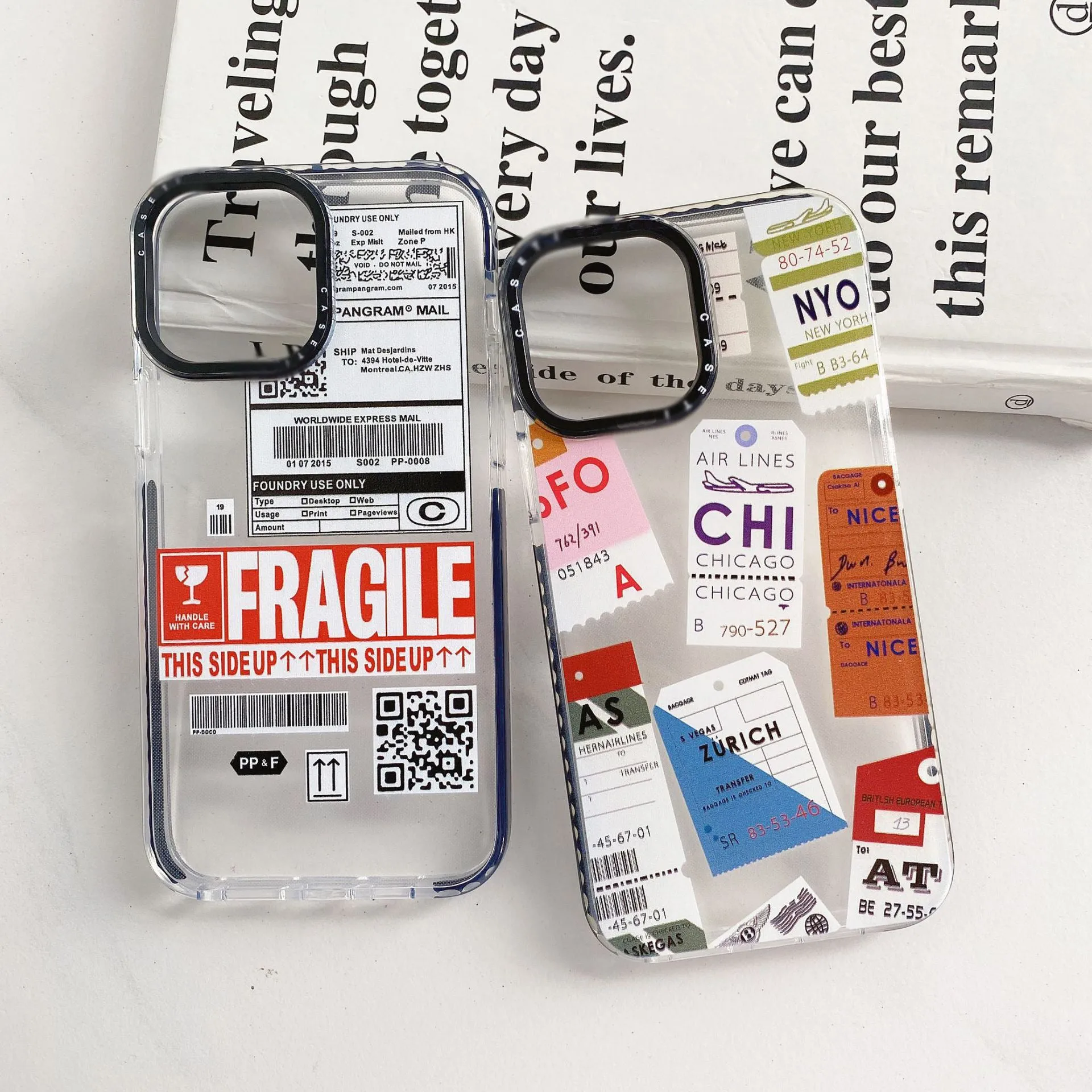 Transparent TPU phone case with travel ticket label coloured painting design for Apple iPhone