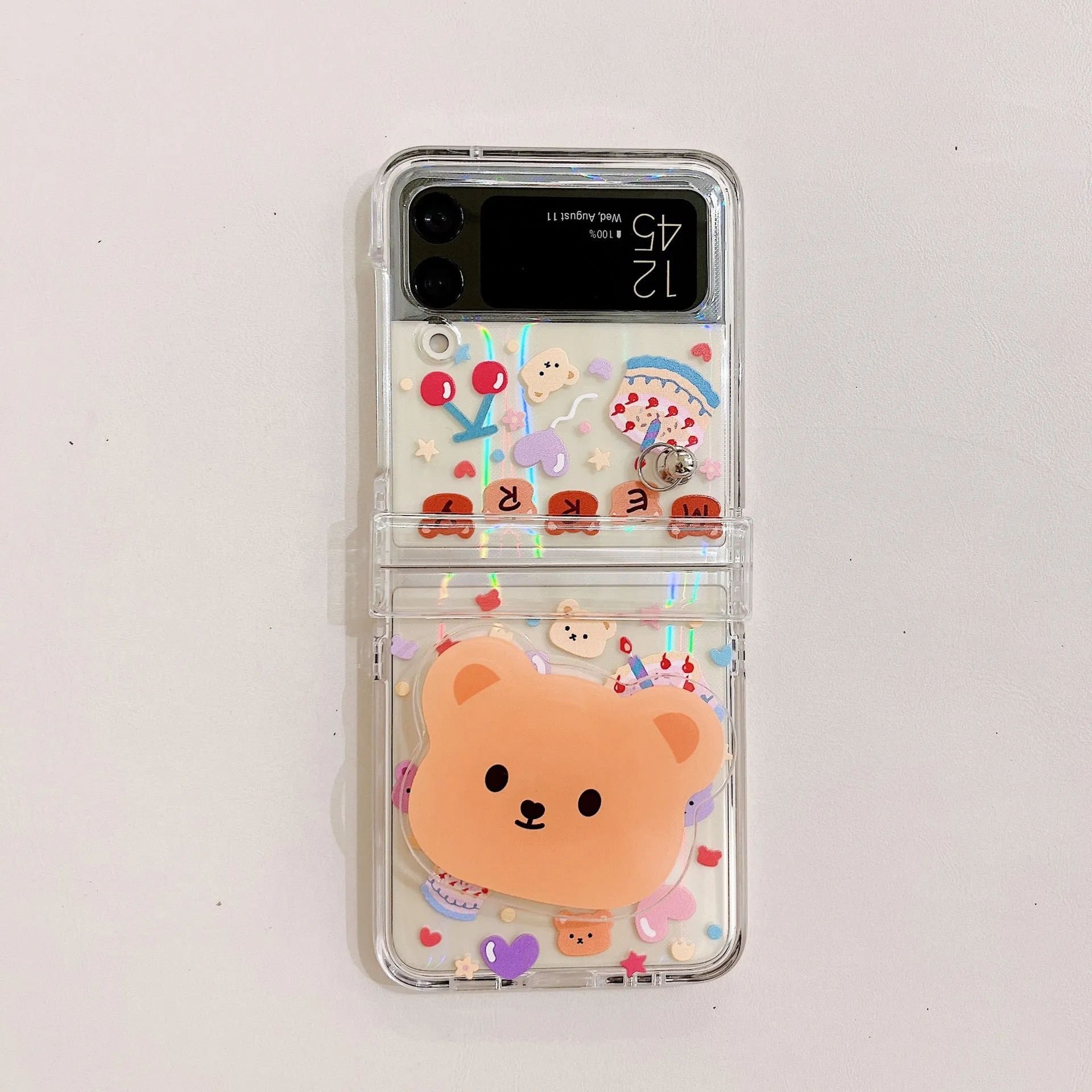 Transparent PC phone case with purple fur ball and cartoon bear head bracket for Samsung ZFlip3 and ZFlip4