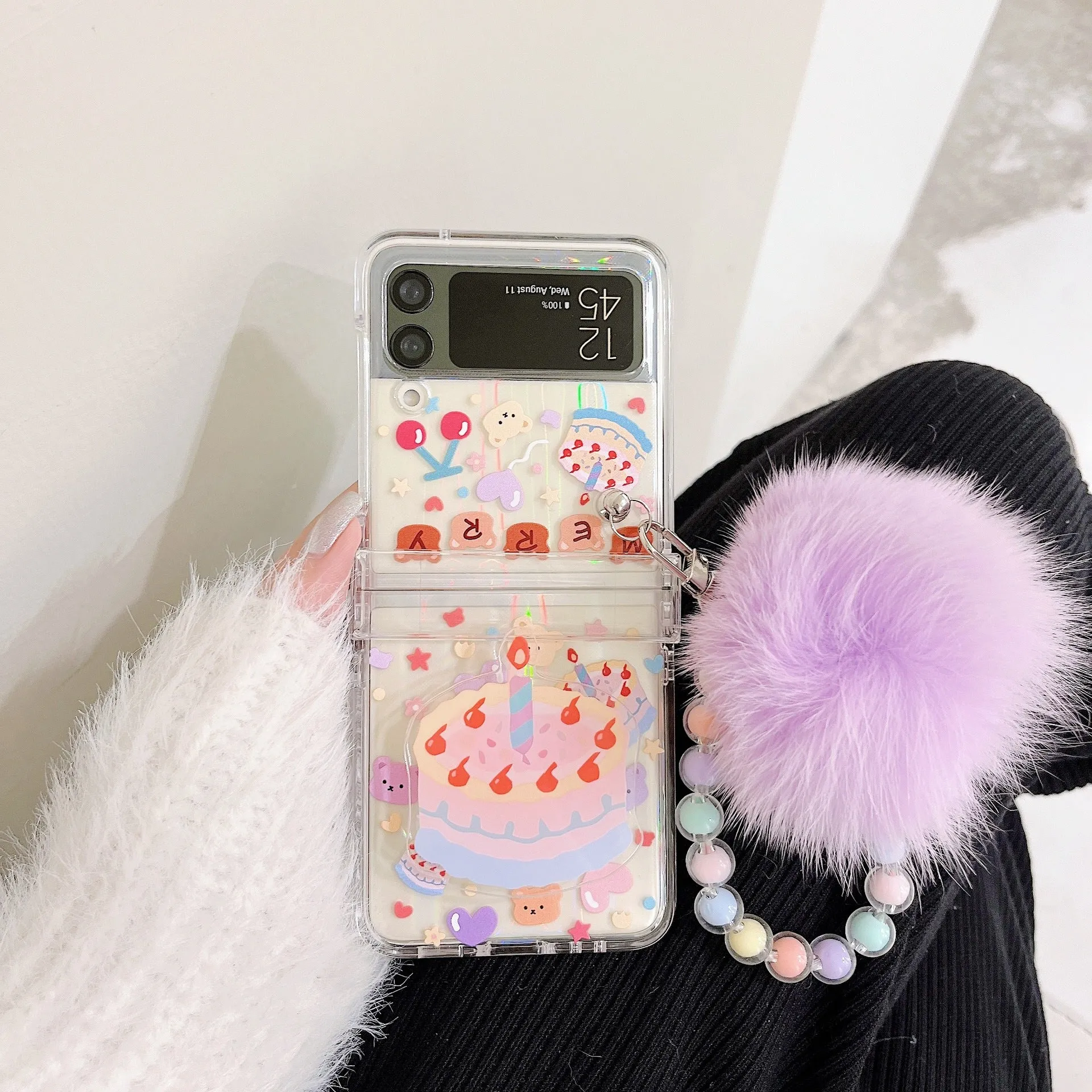 Transparent PC phone case with purple fur ball and cartoon bear head bracket for Samsung ZFlip3 and ZFlip4