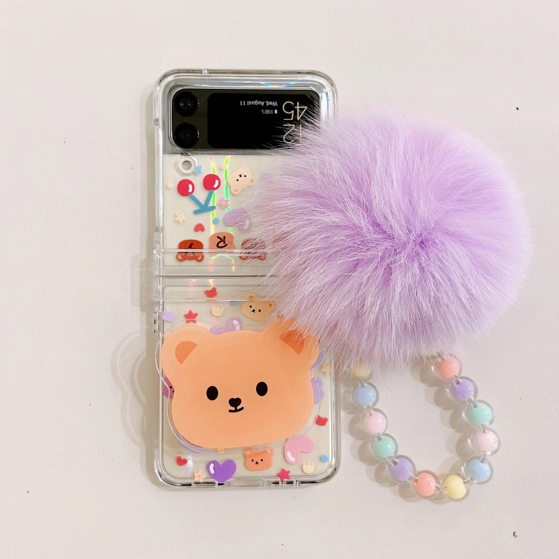 Transparent PC phone case with purple fur ball and cartoon bear head bracket for Samsung ZFlip3 and ZFlip4