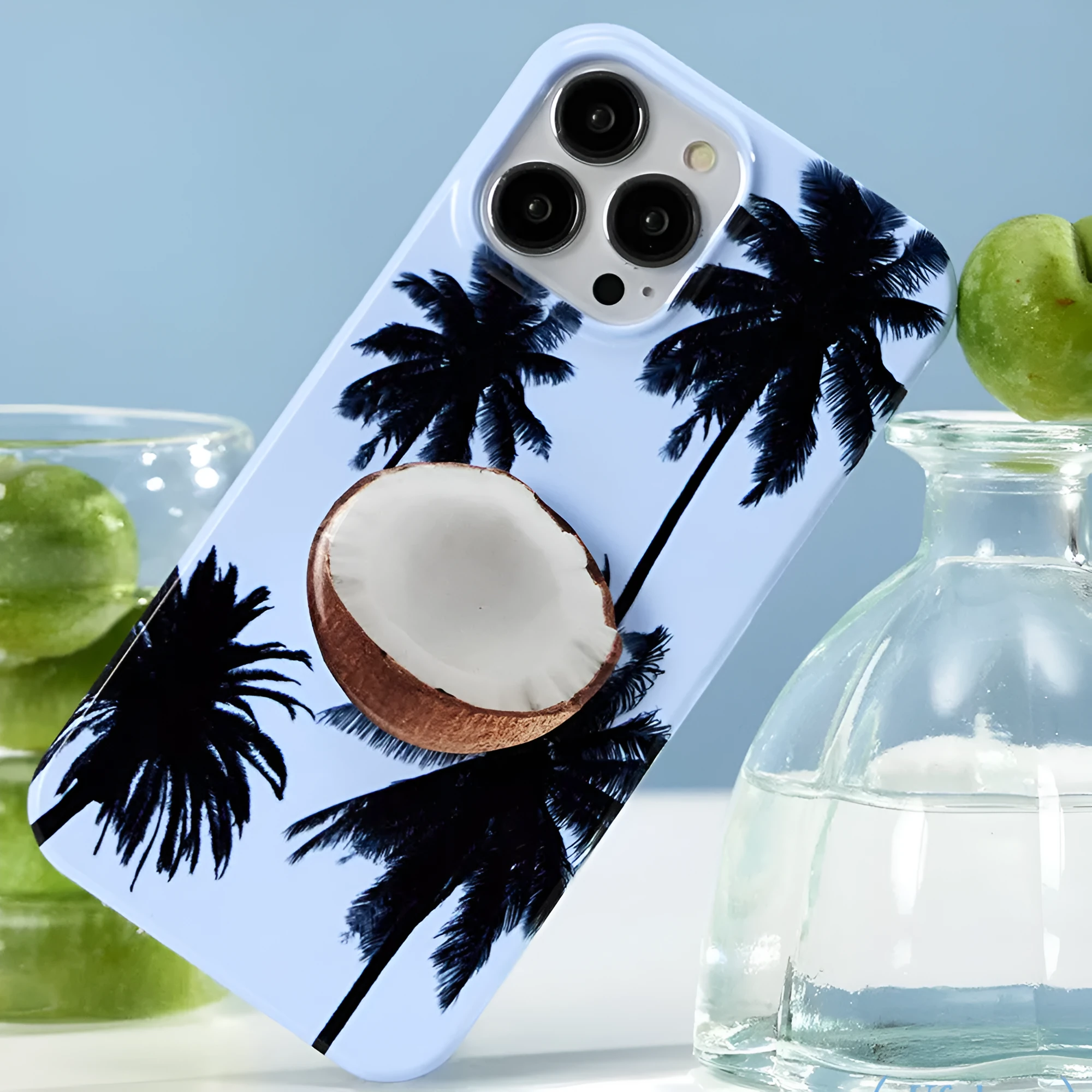 iPhone case with summer coconut design showing front and back views