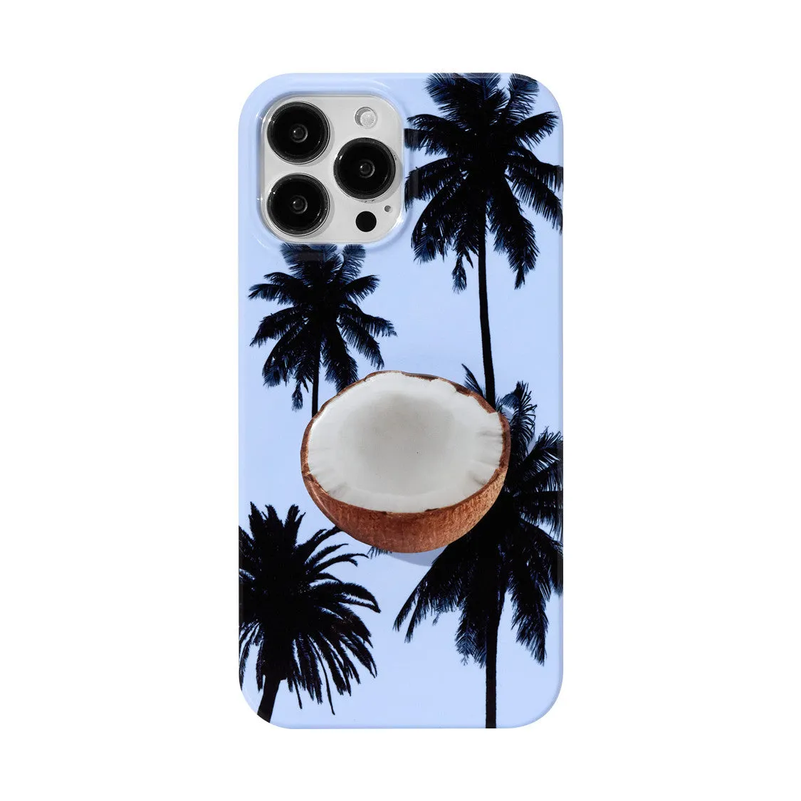 iPhone case with summer coconut design showing front and back views
