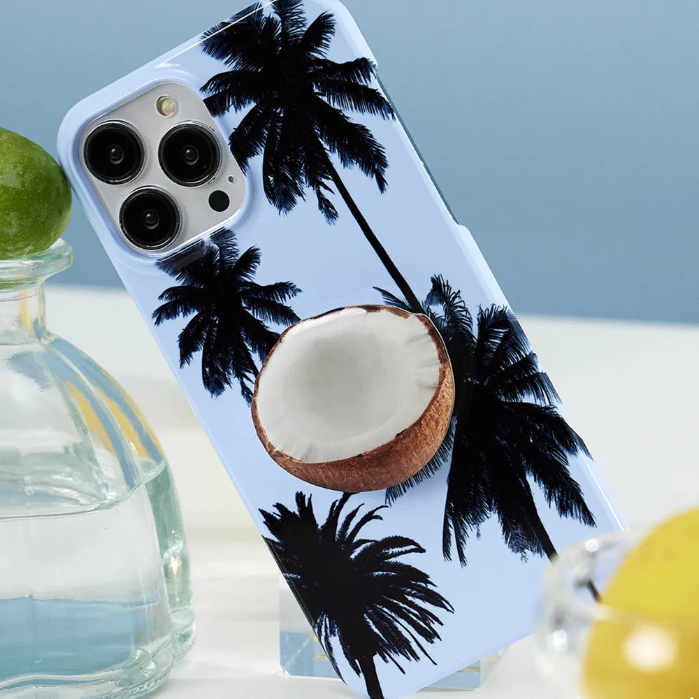 iPhone case with summer coconut design showing front and back views