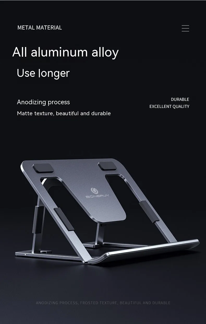 Foldable aluminum alloy tablet and phone holder stand in P63 dark gray on a desk