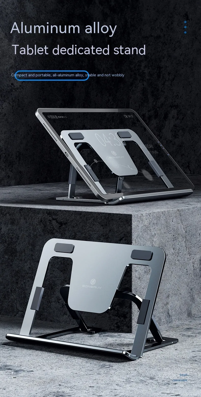 Foldable aluminum alloy tablet and phone holder stand in P63 dark gray on a desk