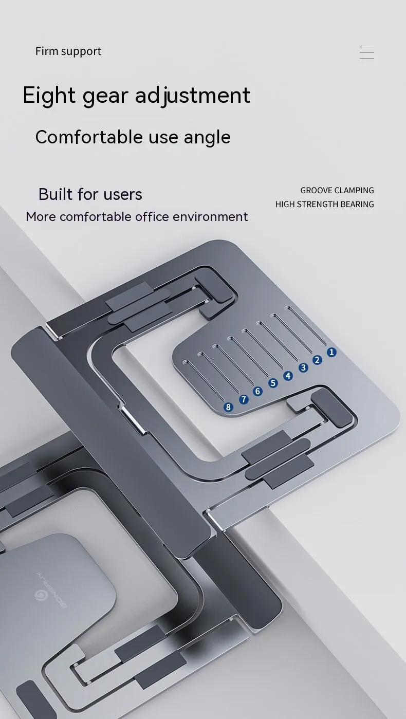 Foldable aluminum alloy tablet and phone holder stand in P63 dark gray on a desk
