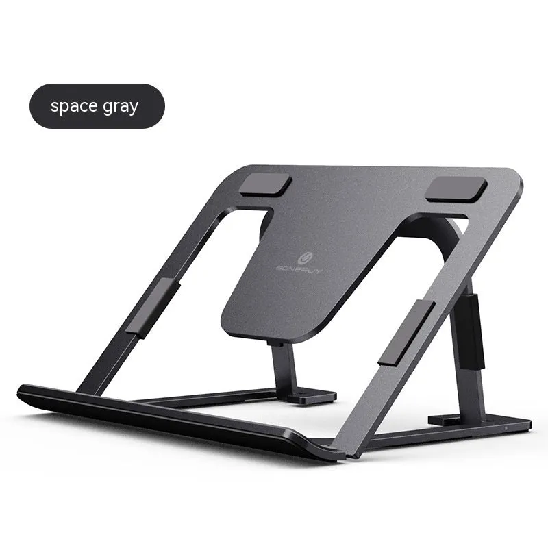 Foldable aluminum alloy tablet and phone holder stand in P63 dark gray on a desk