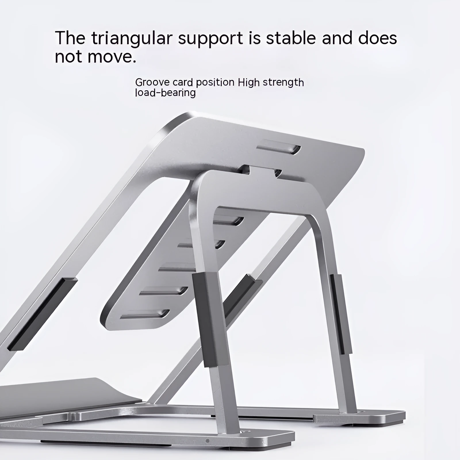 Foldable aluminum alloy tablet and phone holder stand in P63 dark gray on a desk